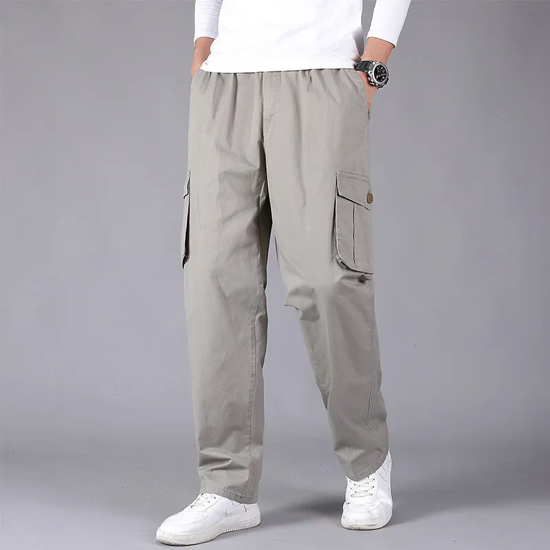 Cotton loose straight leg cargo trousers in black with multiple pockets and zip fly