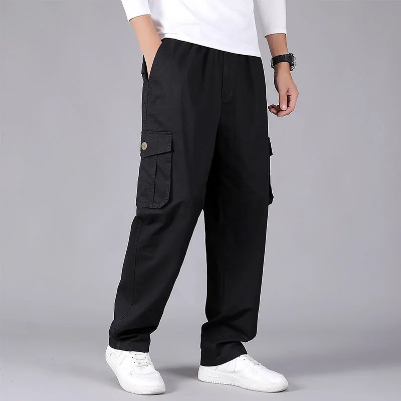 Cotton loose straight leg cargo trousers in black with multiple pockets and zip fly