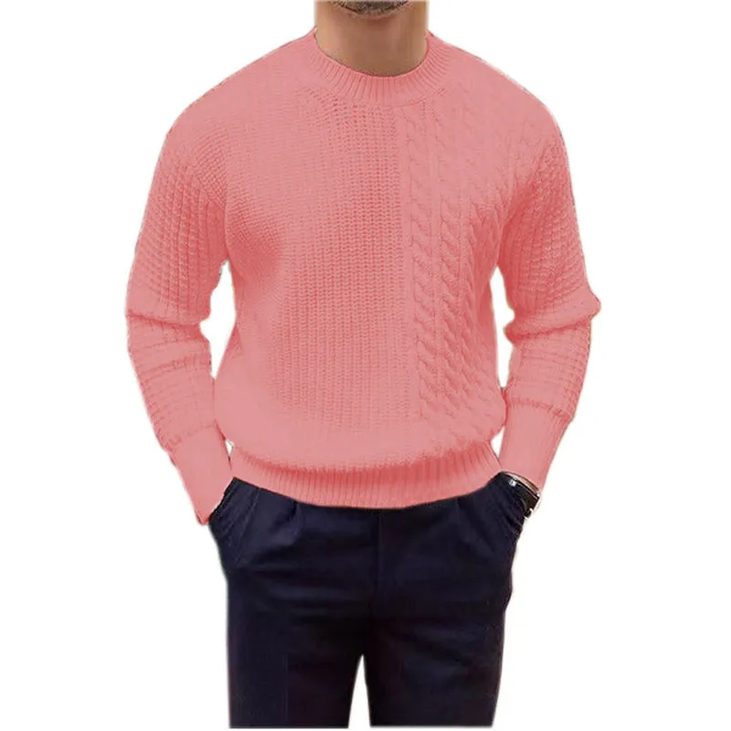 Men's coarse yarn knitted pullover sweater with twisted string design, available in white, black, wine red, khaki, green, and pink.