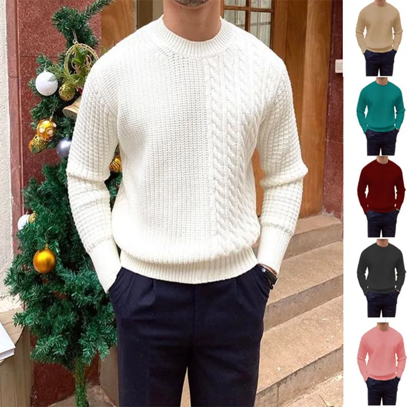Men's coarse yarn knitted pullover sweater with twisted string design, available in white, black, wine red, khaki, green, and pink.