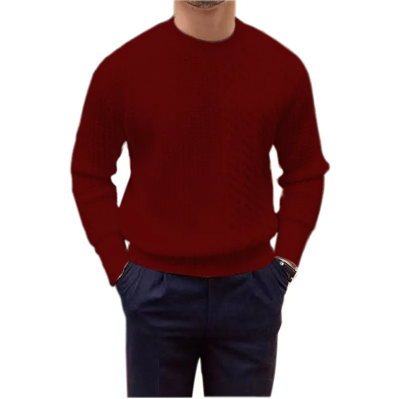 Men's coarse yarn knitted pullover sweater with twisted string design, available in white, black, wine red, khaki, green, and pink.