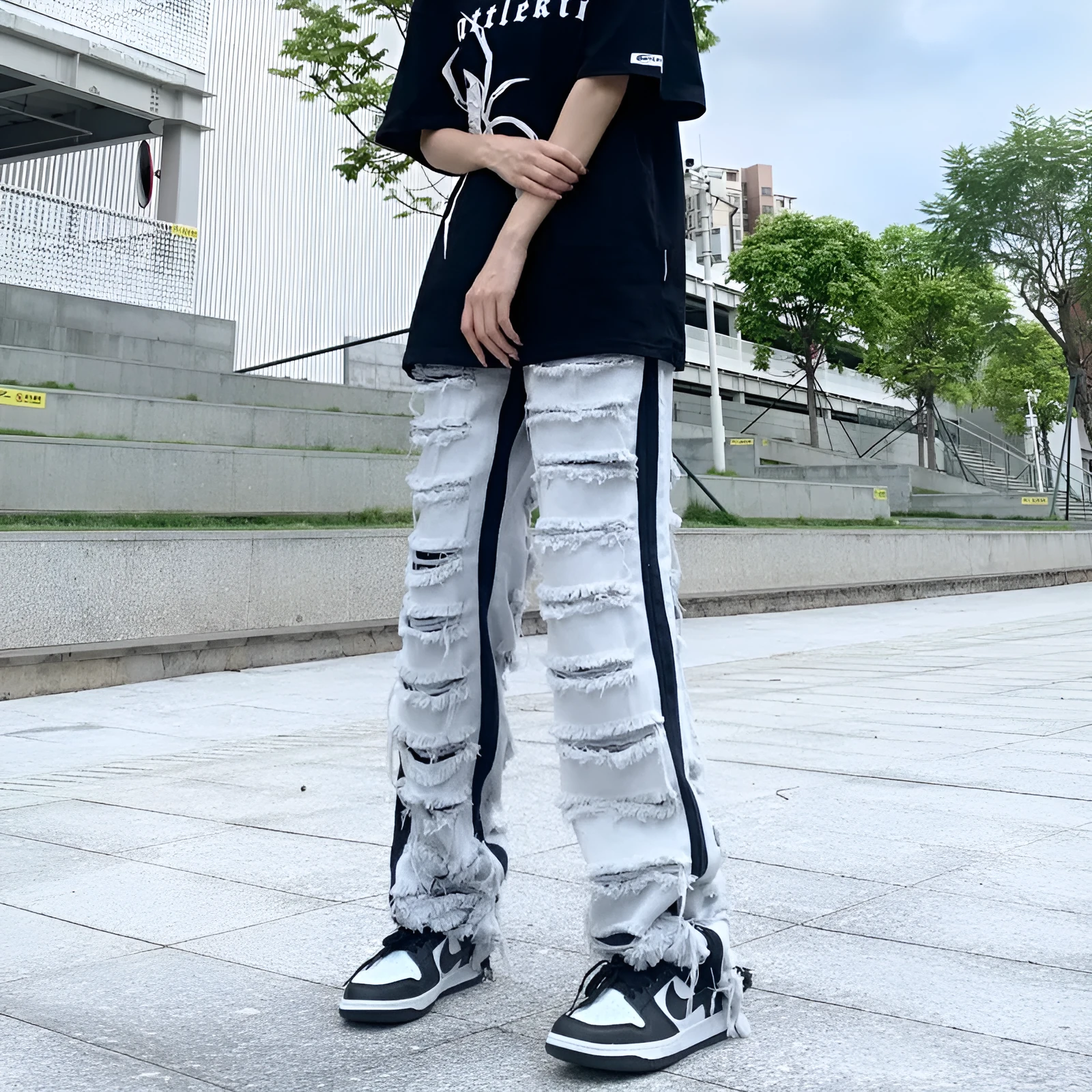 Men's Ripped Jeans Straight Casual Versatile Trousers Mid Waist Zipper Fly Denim Polyester Blend Teenagers Leisure S M L XL 2XL 3XL 4XL Picture Color