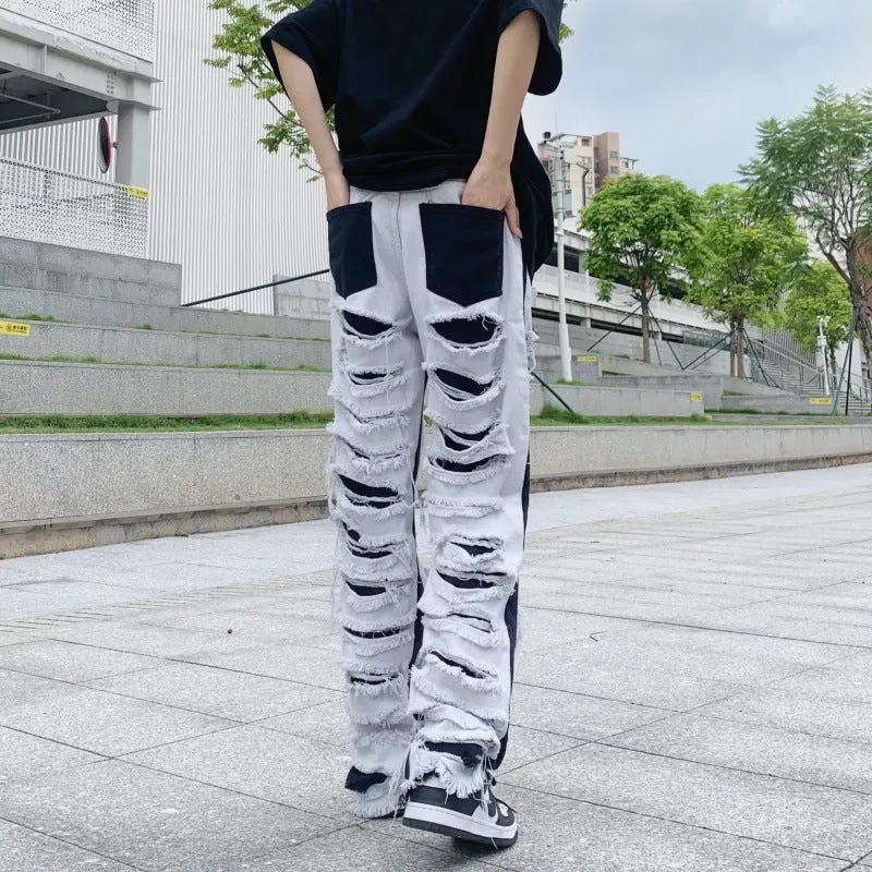 Men's Ripped Jeans Straight Casual Versatile Trousers Mid Waist Zipper Fly Denim Polyester Blend Teenagers Leisure S M L XL 2XL 3XL 4XL Picture Color