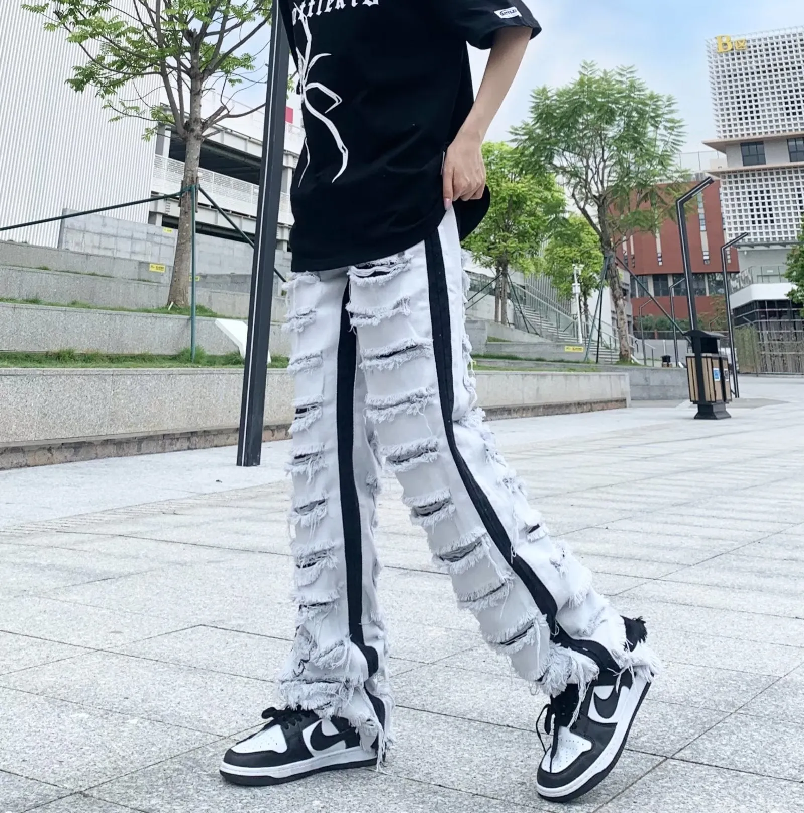 Men's Ripped Jeans Straight Casual Versatile Trousers Mid Waist Zipper Fly Denim Polyester Blend Teenagers Leisure S M L XL 2XL 3XL 4XL Picture Color