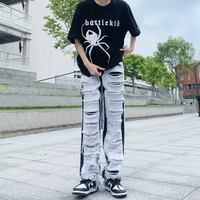 Men's Ripped Jeans Straight Casual Versatile Trousers Mid Waist Zipper Fly Denim Polyester Blend Teenagers Leisure S M L XL 2XL 3XL 4XL Picture Color