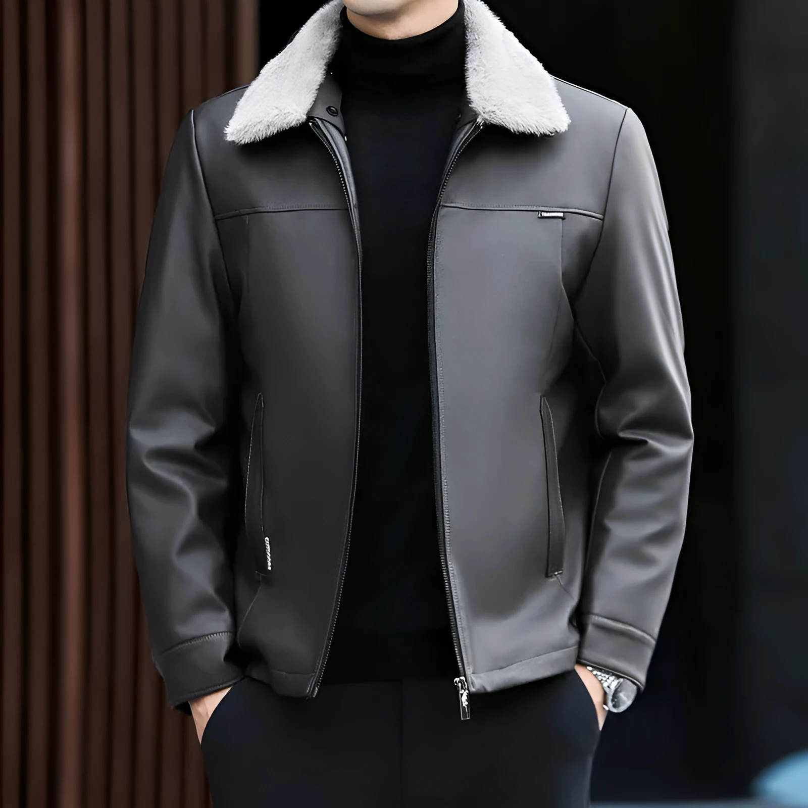 Men's PU leather down jacket thickened winter coat black regular fit short length side pockets