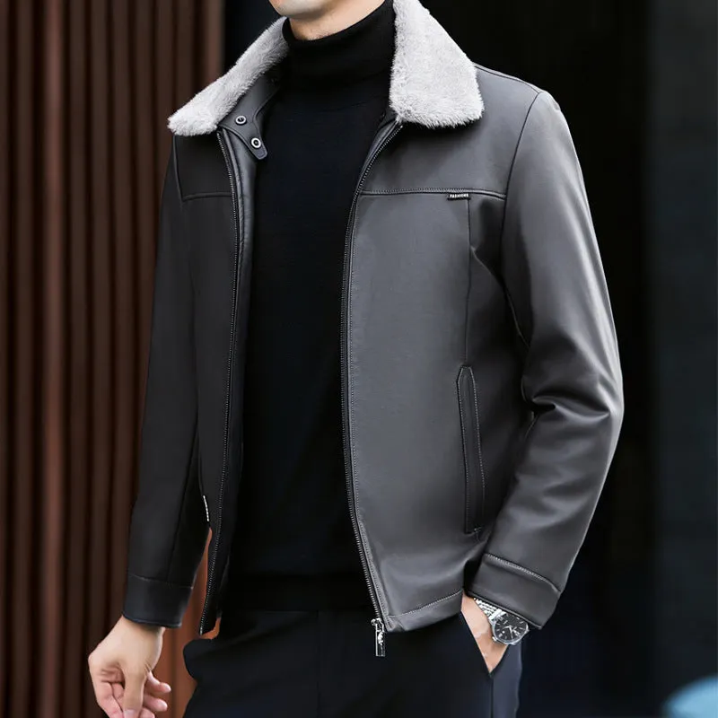 Men's PU leather down jacket thickened winter coat black regular fit short length side pockets