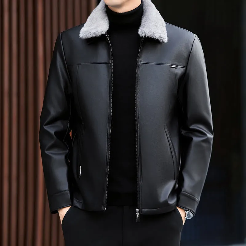 Men's PU leather down jacket thickened winter coat black regular fit short length side pockets