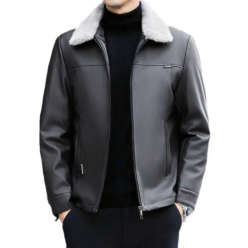 Men's PU leather down jacket thickened winter coat black regular fit short length side pockets