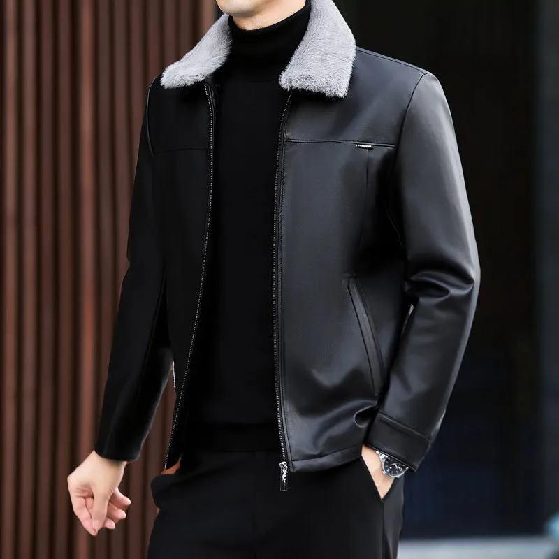 Men's PU leather down jacket thickened winter coat black regular fit short length side pockets