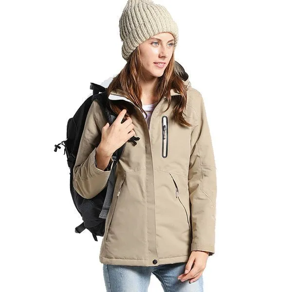 Men and women winter thick USB heating cotton jacket in army green with waterproof windbreaker shell for hiking camping