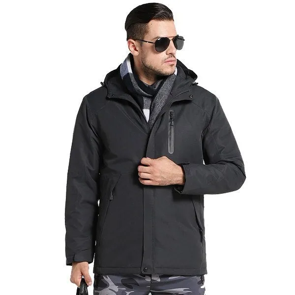 Men and women winter thick USB heating cotton jacket in army green with waterproof windbreaker shell for hiking camping