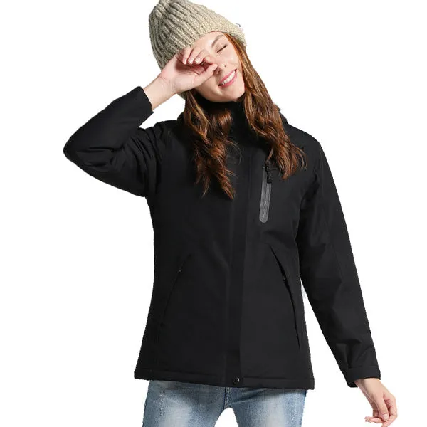 Men and women winter thick USB heating cotton jacket in army green with waterproof windbreaker shell for hiking camping
