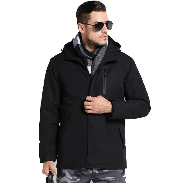 Men and women winter thick USB heating cotton jacket in army green with waterproof windbreaker shell for hiking camping