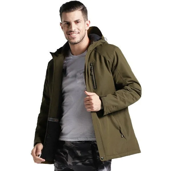 Men and women winter thick USB heating cotton jacket in army green with waterproof windbreaker shell for hiking camping