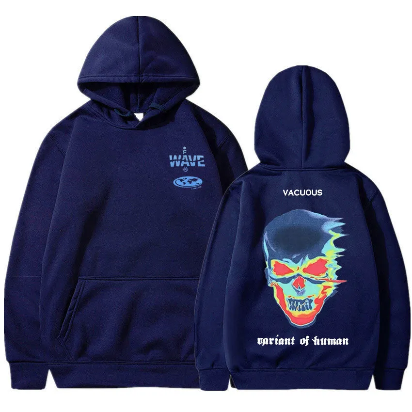 Skeleton thermal imaging graphic printed hoodie for men and women, pullover style, long sleeves, side pockets, black