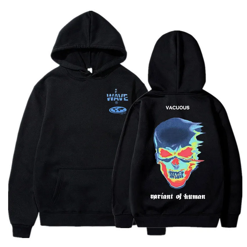 Skeleton thermal imaging graphic printed hoodie for men and women, pullover style, long sleeves, side pockets, black