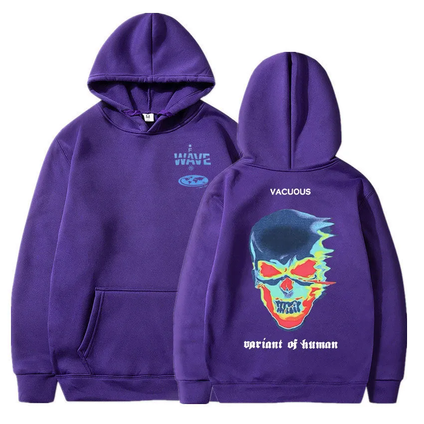 Skeleton thermal imaging graphic printed hoodie for men and women, pullover style, long sleeves, side pockets, black