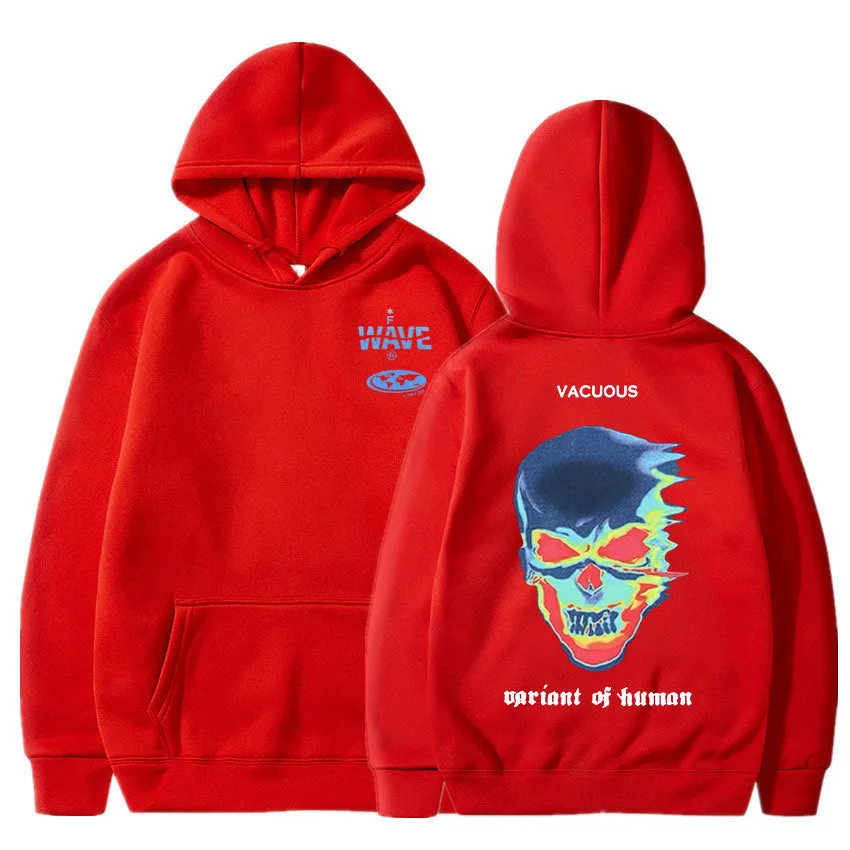 Skeleton thermal imaging graphic printed hoodie for men and women, pullover style, long sleeves, side pockets, black
