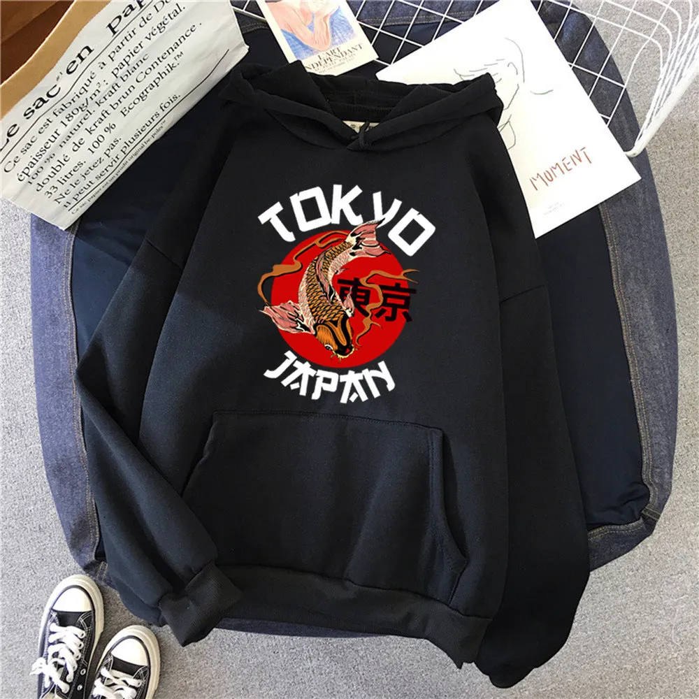 Men's hooded sweater solid colour long sleeve loose fit front pocket decoration polyester fibre