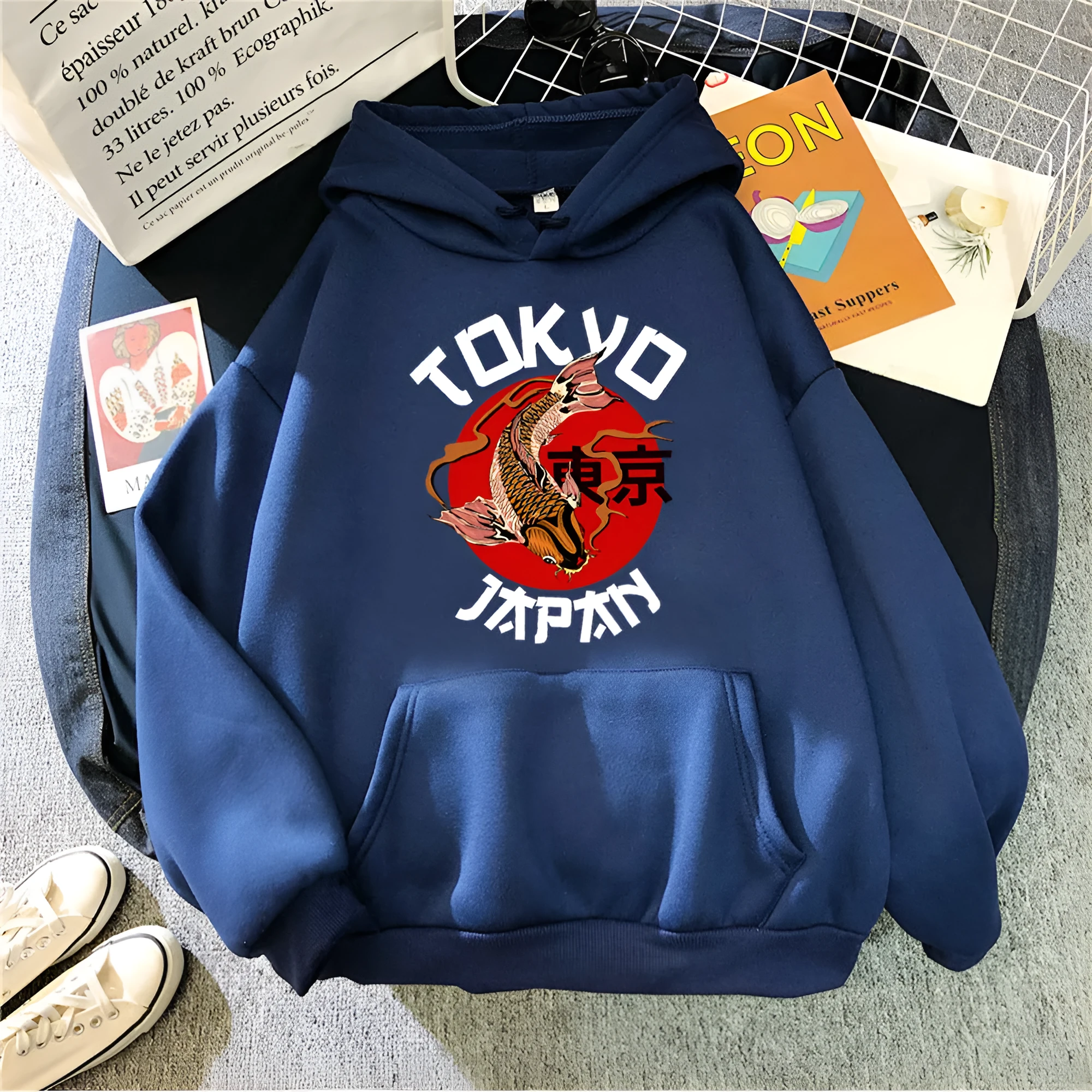 Men's hooded sweater solid colour long sleeve loose fit front pocket decoration polyester fibre