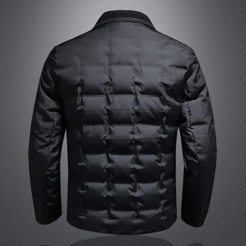 Men's black winter down jacket with white goose down filling, regular fit, 50cm length, polyester fibre shell