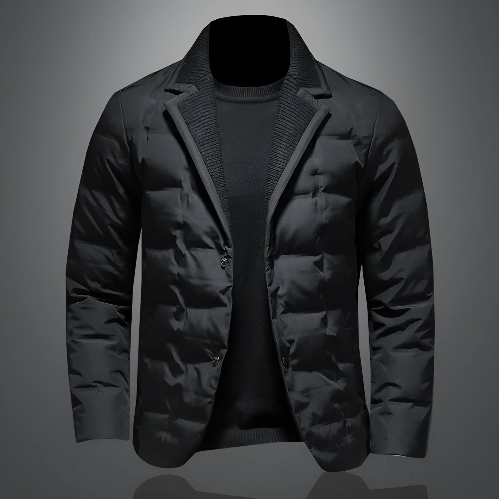 Men's black winter down jacket with white goose down filling, regular fit, 50cm length, polyester fibre shell