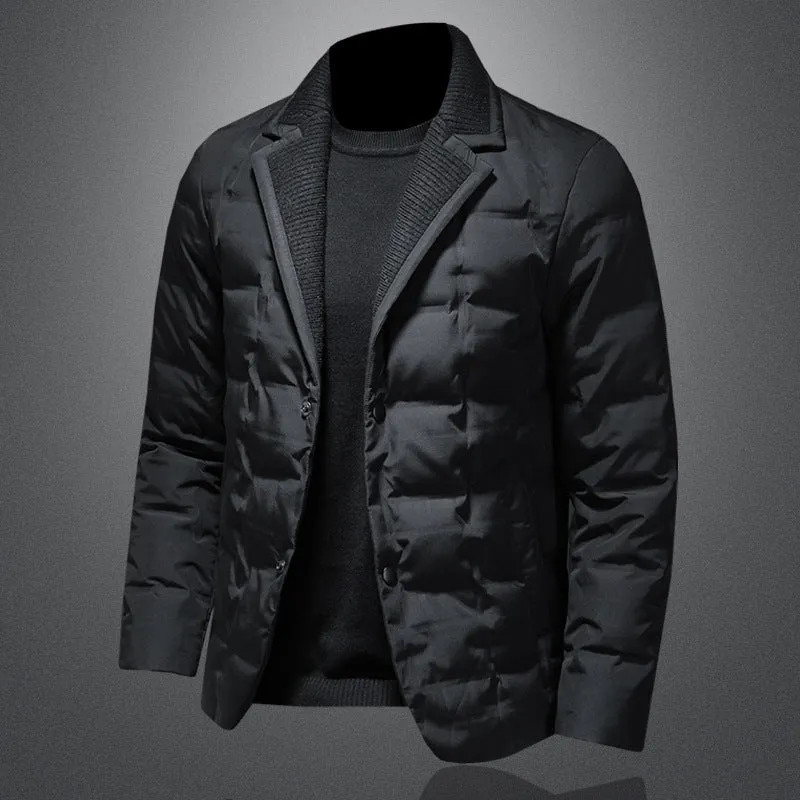 Men's black winter down jacket with white goose down filling, regular fit, 50cm length, polyester fibre shell