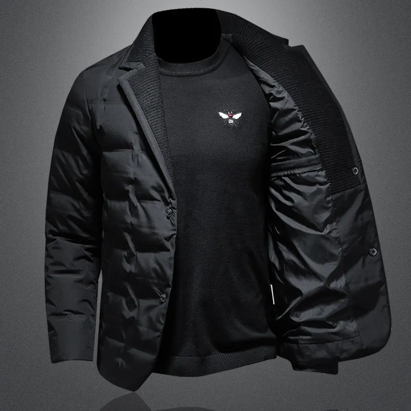 Men's black winter down jacket with white goose down filling, regular fit, 50cm length, polyester fibre shell