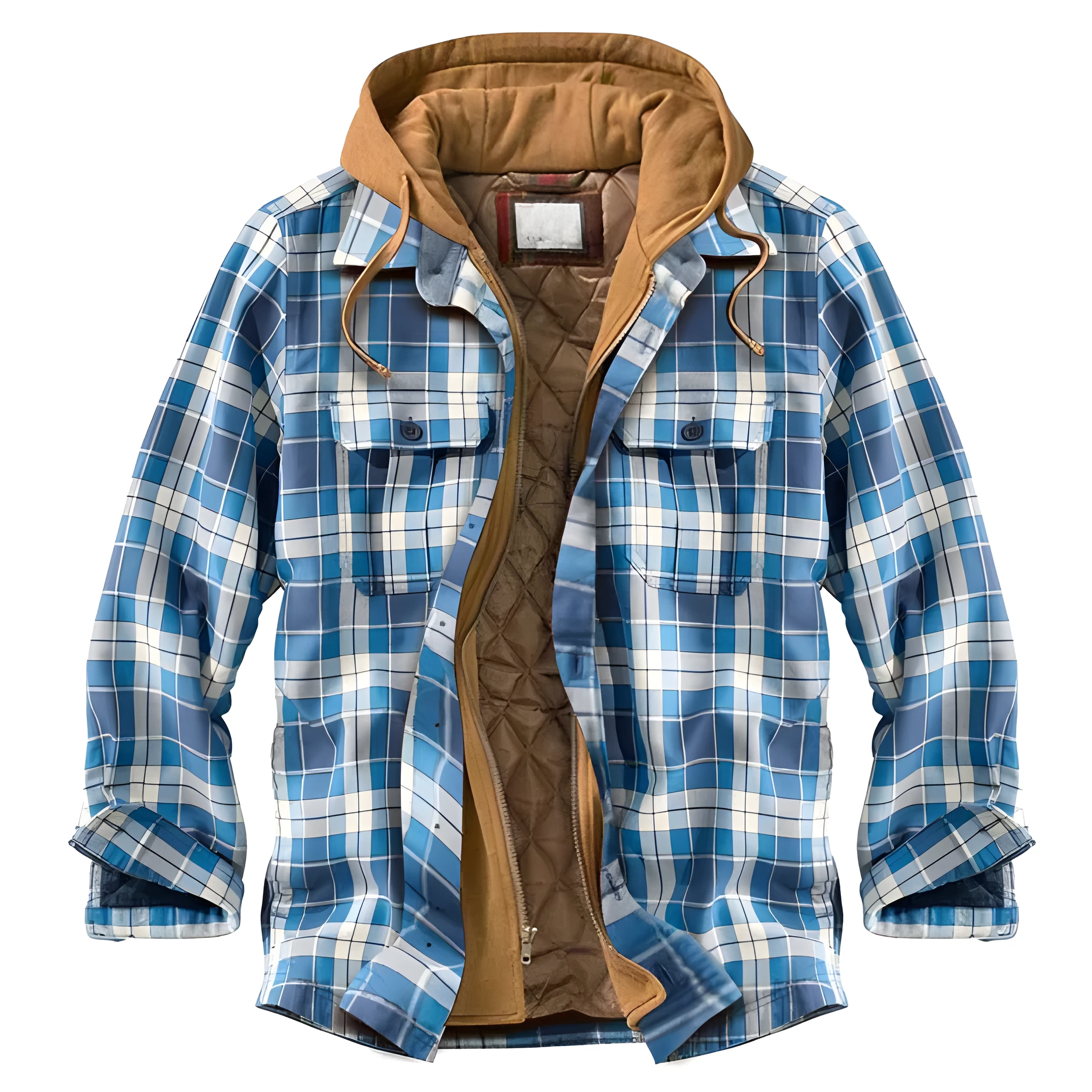 Men's blue check long sleeve hooded jacket with cotton blend fabric, loose fit
