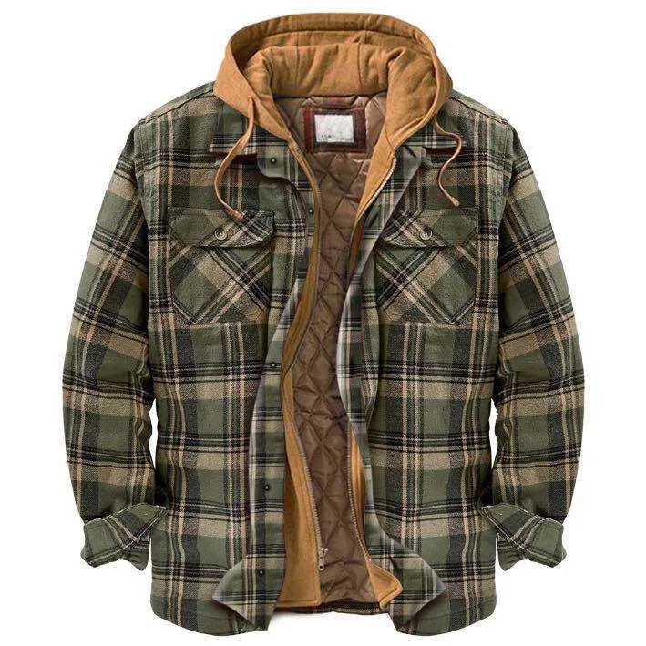 Men's blue check long sleeve hooded jacket with cotton blend fabric, loose fit
