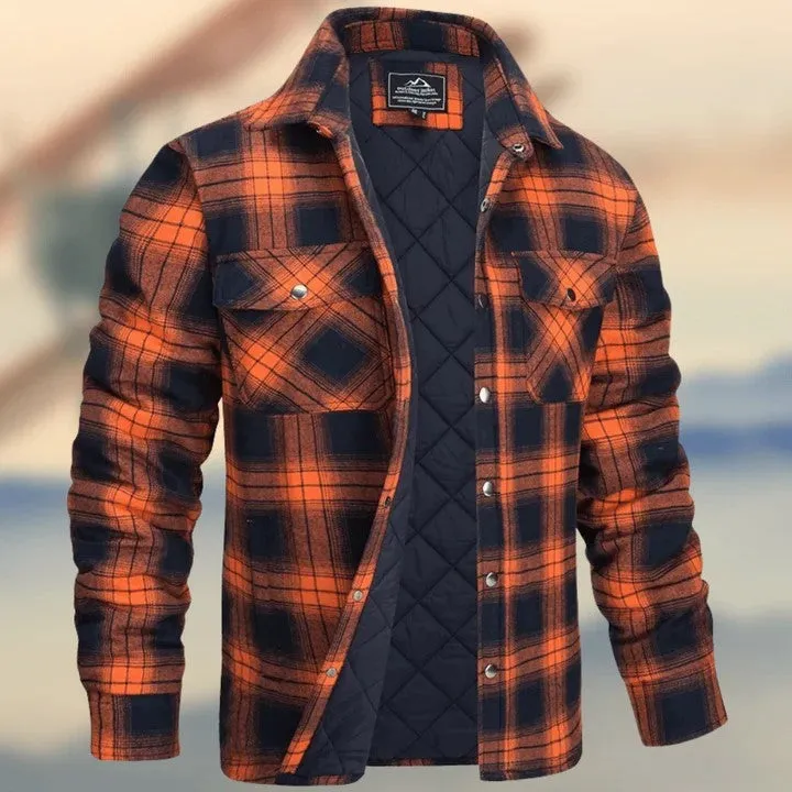 Men's blue check long sleeve hooded jacket with cotton blend fabric, loose fit