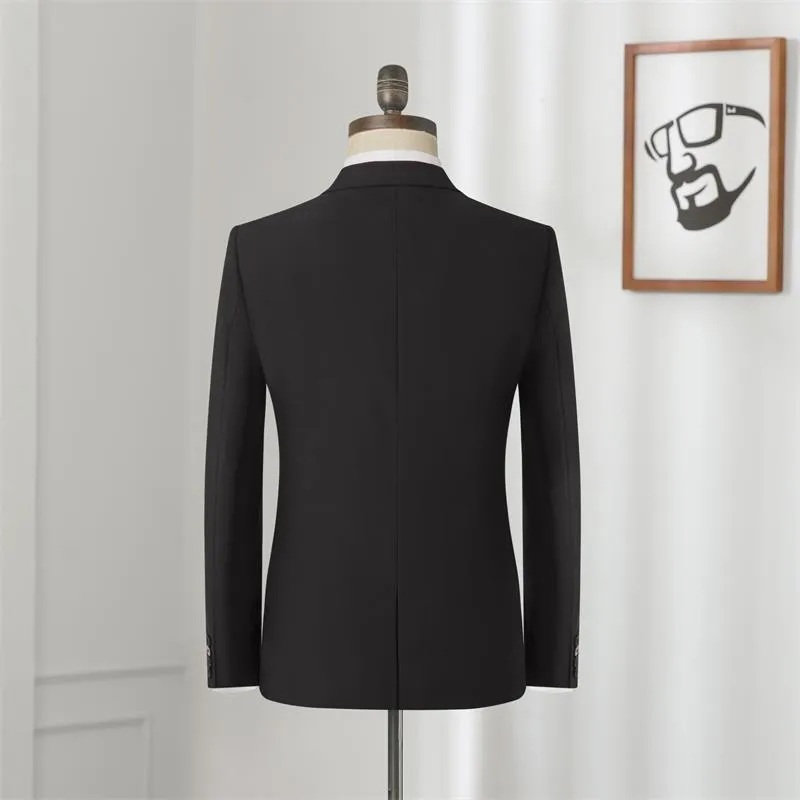Men's black slim-fit one-button business suit with flat collar and rear slit on a hanger.