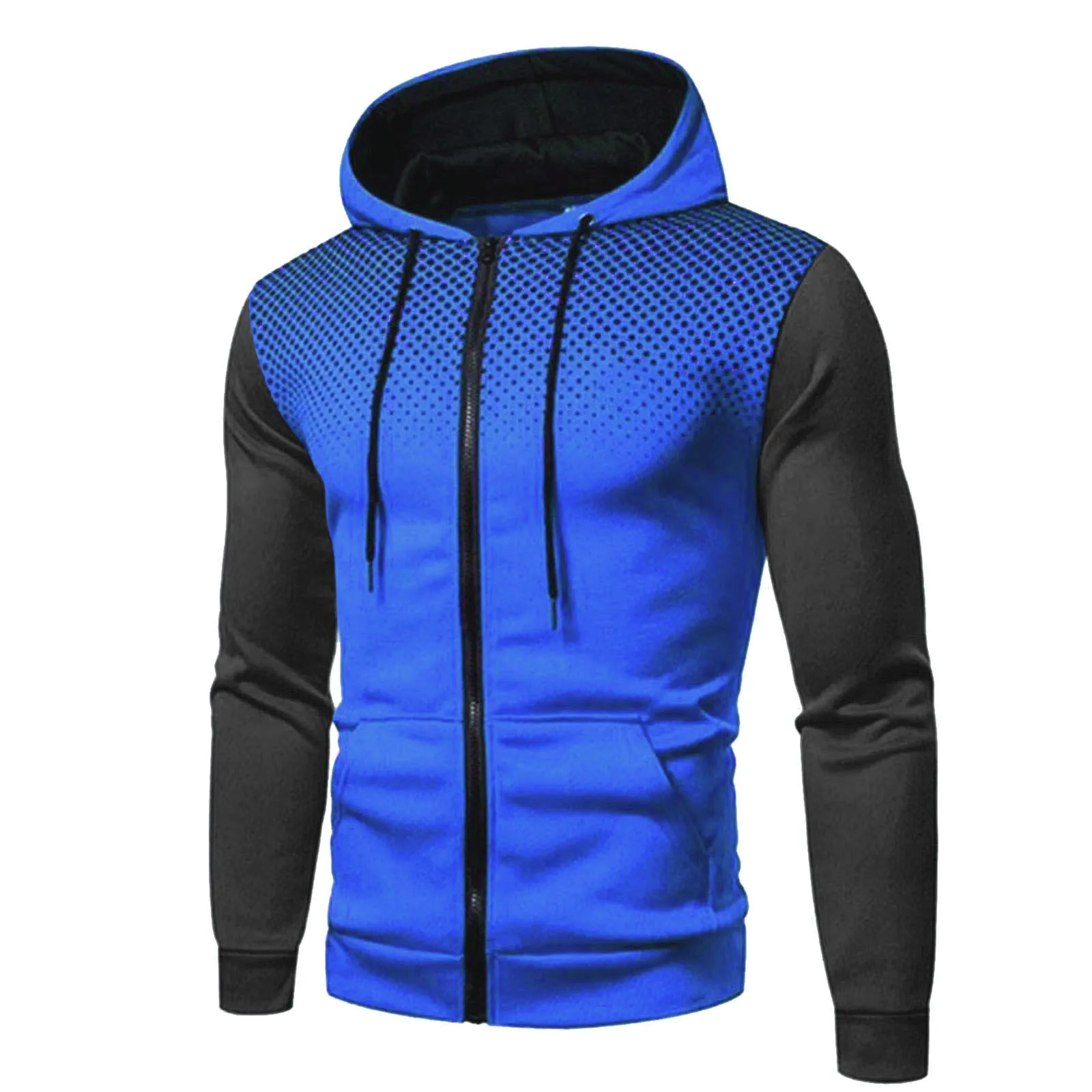 Men's zipper hooded panel sweatshirt in blue with full front zip and attached hood