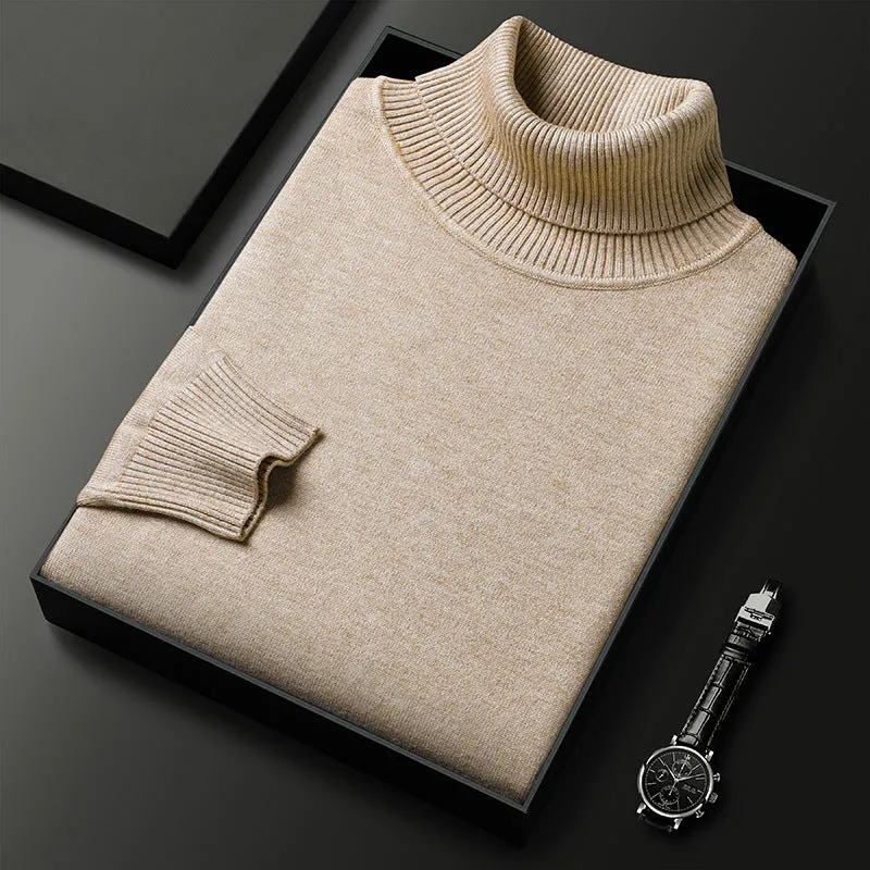 Men's slim-fit solid colour turtleneck pullover sweater in camel, front view, chemical fibre blend non-iron winter knitwear