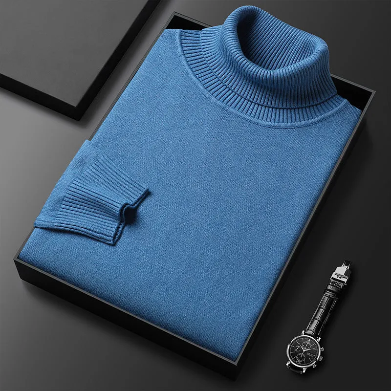 Men's slim-fit solid colour turtleneck pullover sweater in camel, front view, chemical fibre blend non-iron winter knitwear