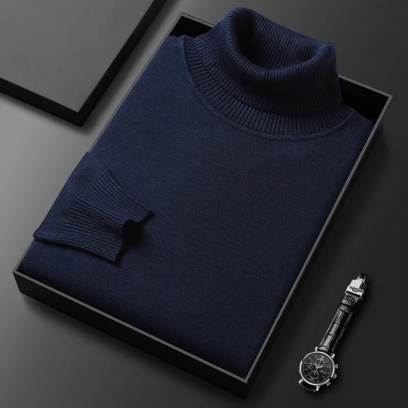 Men's slim-fit solid colour turtleneck pullover sweater in camel, front view, chemical fibre blend non-iron winter knitwear