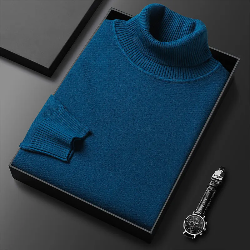 Men's slim-fit solid colour turtleneck pullover sweater in camel, front view, chemical fibre blend non-iron winter knitwear
