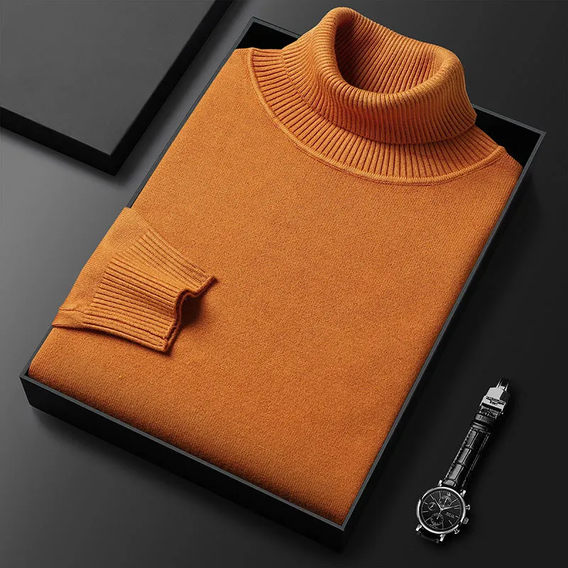 Men's slim-fit solid colour turtleneck pullover sweater in camel, front view, chemical fibre blend non-iron winter knitwear