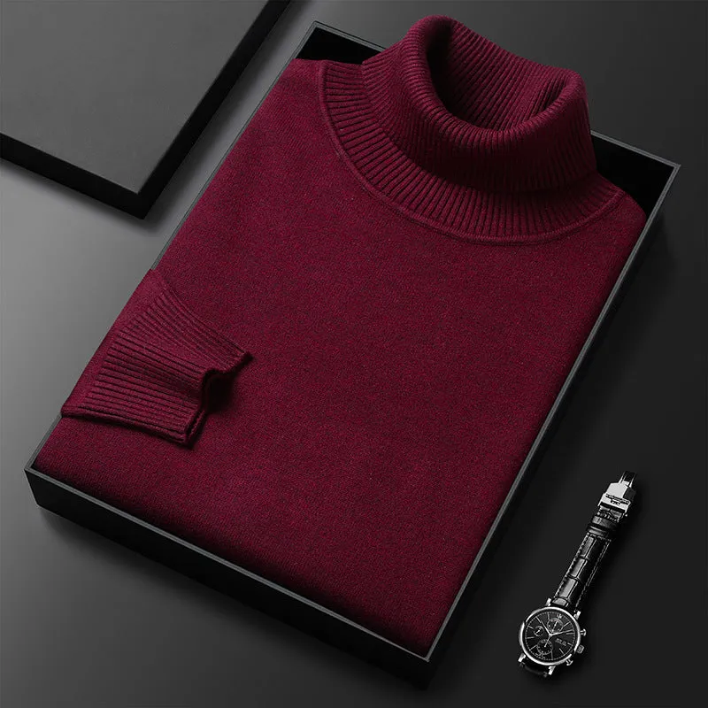 Men's slim-fit solid colour turtleneck pullover sweater in camel, front view, chemical fibre blend non-iron winter knitwear