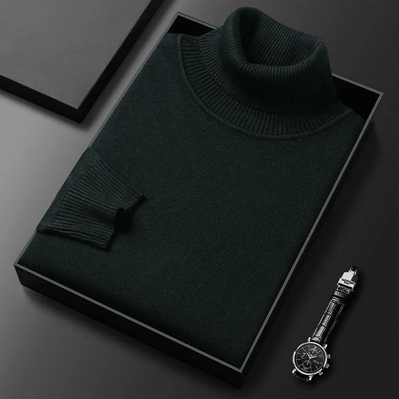 Men's slim-fit solid colour turtleneck pullover sweater in camel, front view, chemical fibre blend non-iron winter knitwear