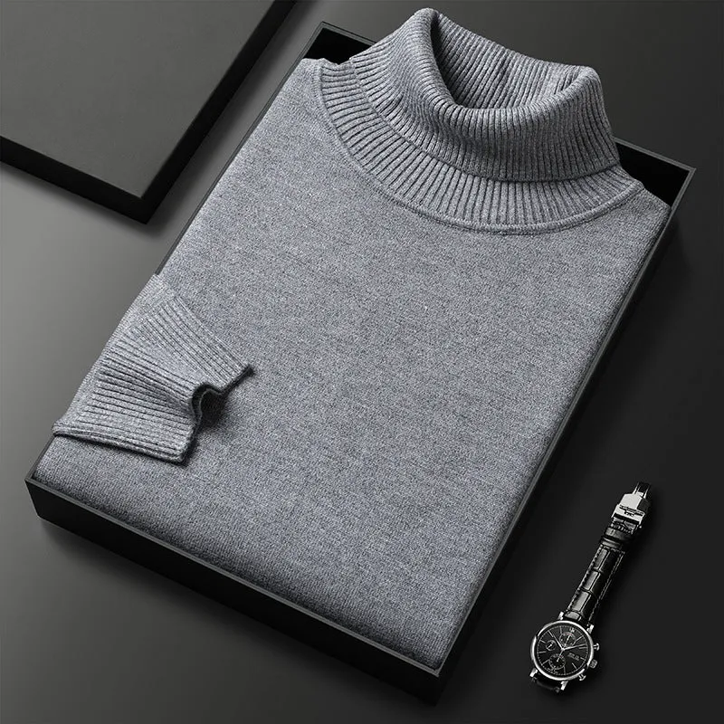 Men's slim-fit solid colour turtleneck pullover sweater in camel, front view, chemical fibre blend non-iron winter knitwear
