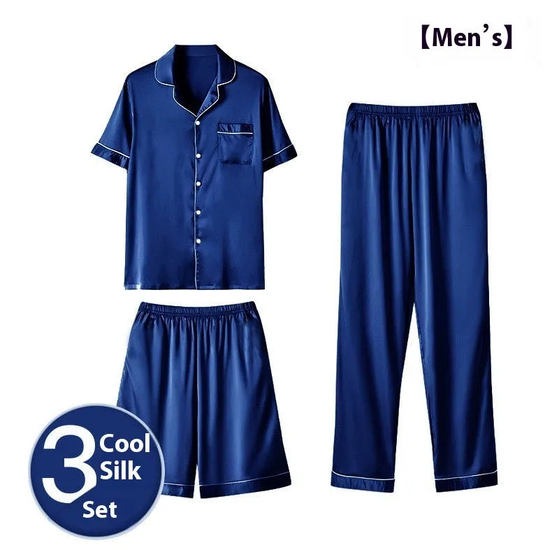 Men's ice silk three-piece home wear set in a thin fabric, showing top, shorts, and trousers for summer loungewear.