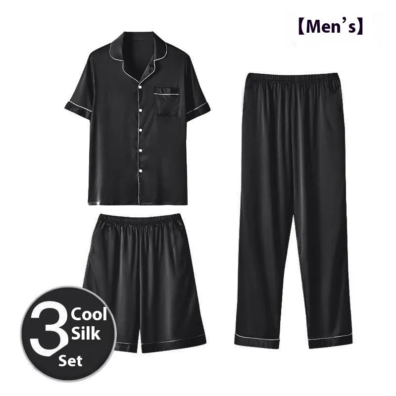 Men's ice silk three-piece home wear set in a thin fabric, showing top, shorts, and trousers for summer loungewear.