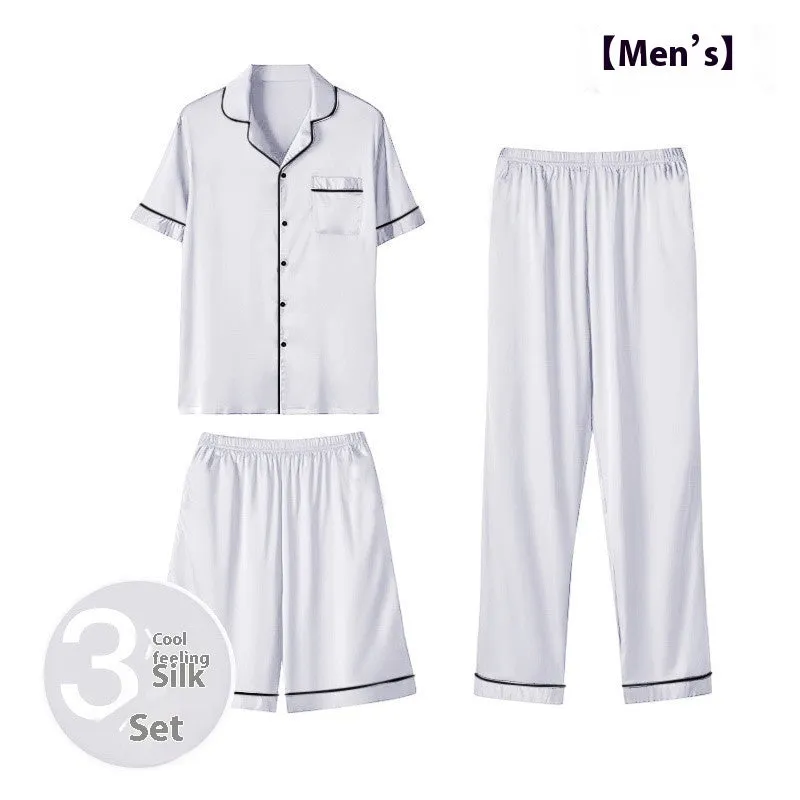 Men's ice silk three-piece home wear set in a thin fabric, showing top, shorts, and trousers for summer loungewear.