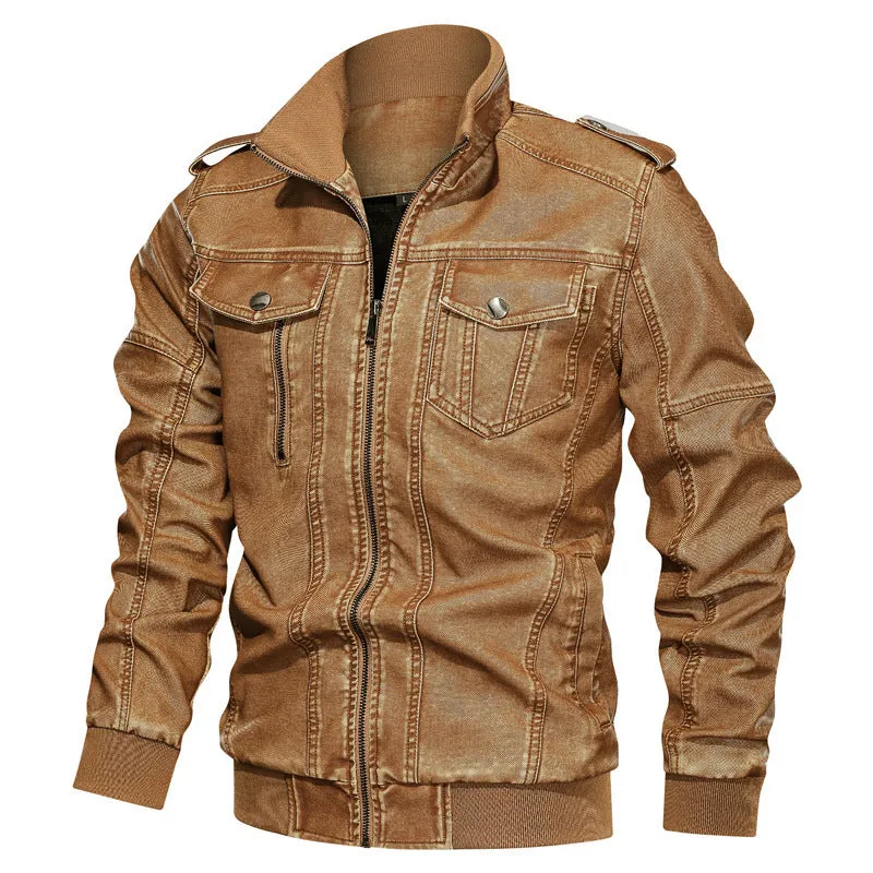 Men's PU leather coat in khaki with regular fit, side pockets, and 50cm length, size L to 6XL