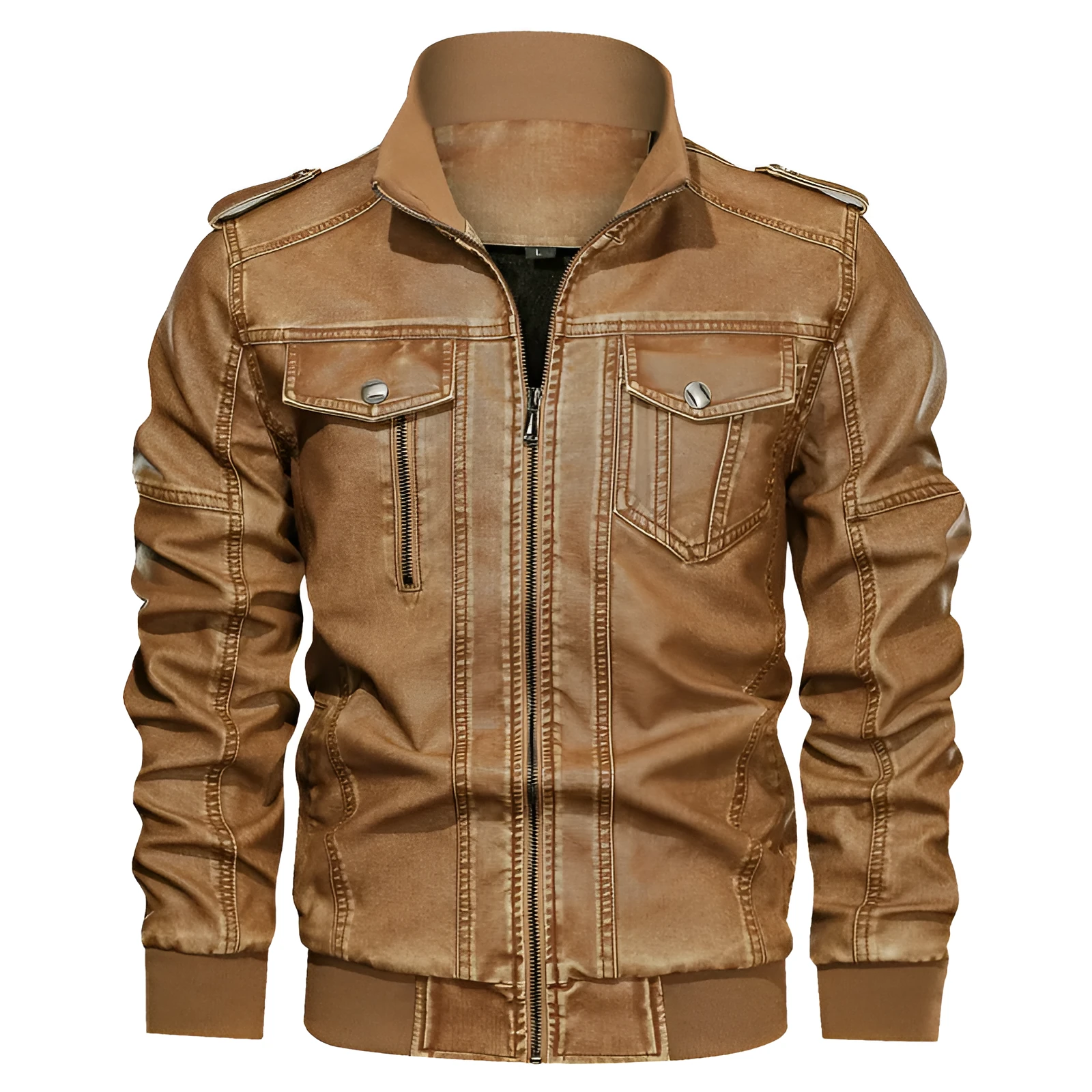 Men's PU leather coat in khaki with regular fit, side pockets, and 50cm length, size L to 6XL