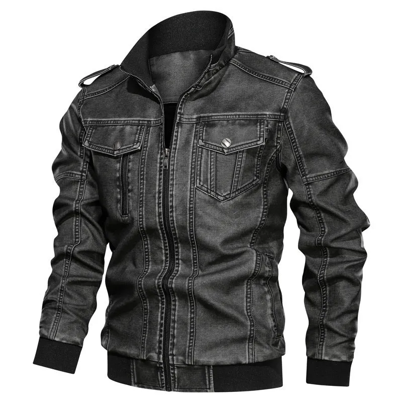 Men's PU leather coat in khaki with regular fit, side pockets, and 50cm length, size L to 6XL