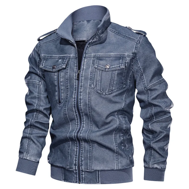 Men's PU leather coat in khaki with regular fit, side pockets, and 50cm length, size L to 6XL