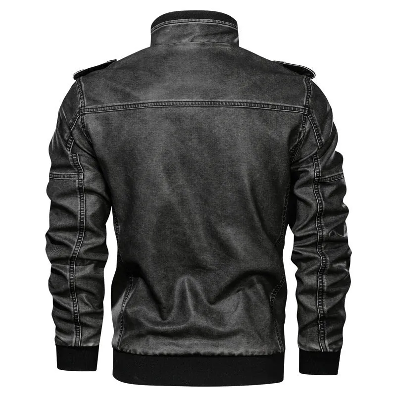 Men's PU leather coat in khaki with regular fit, side pockets, and 50cm length, size L to 6XL